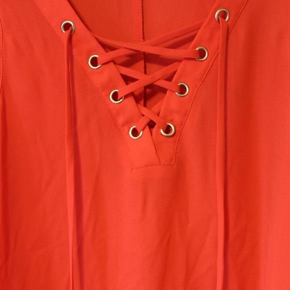 Coral Lace Up Tank Shirt V-Neck - Picture 2 of 8